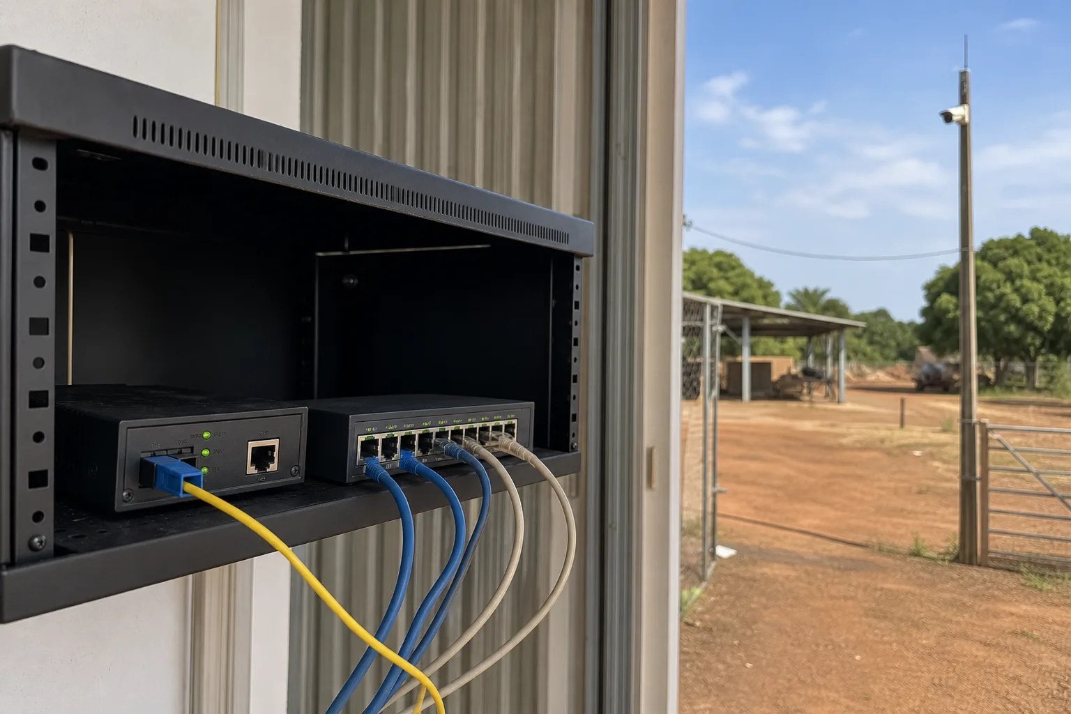 Conversor de mídia e switch em rack recebendo cabo de fibra óptica de um sistema de câmeras