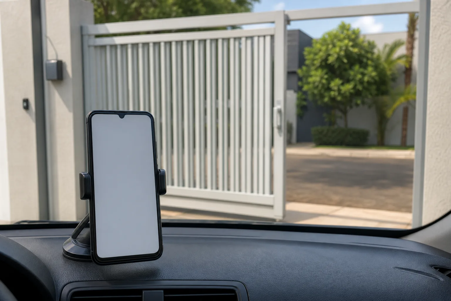 Celular no suporte do painel do carro com portão deslizante abrindo à frente