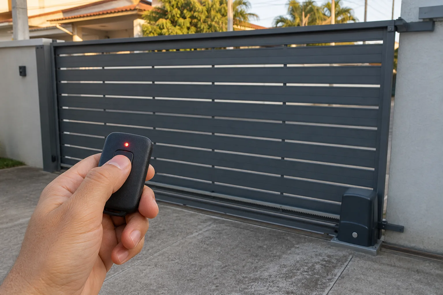 Controle remoto de portão com a luz acesa diante de um portão automático fechado