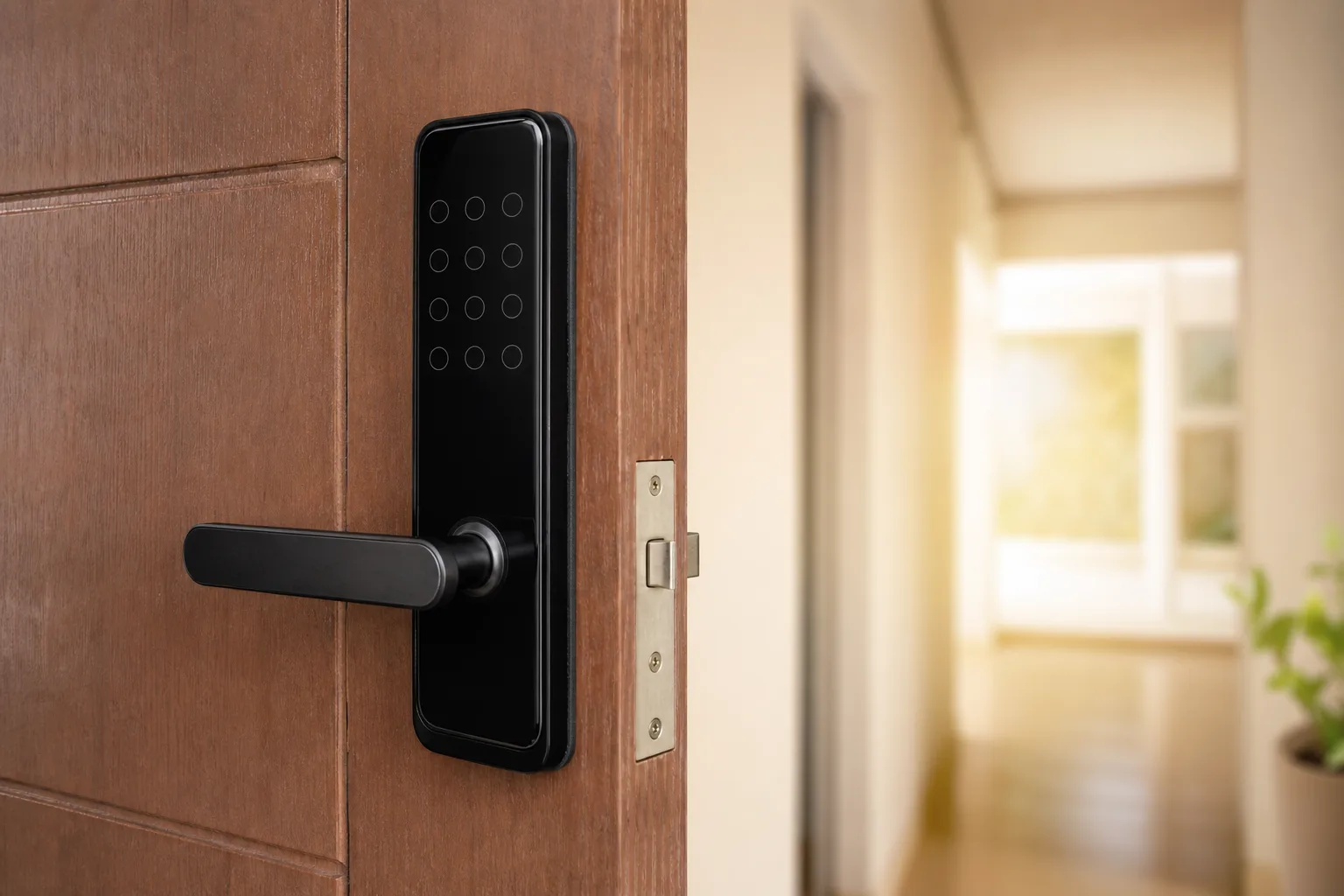 Fechadura digital com teclado instalada em porta de madeira entreaberta