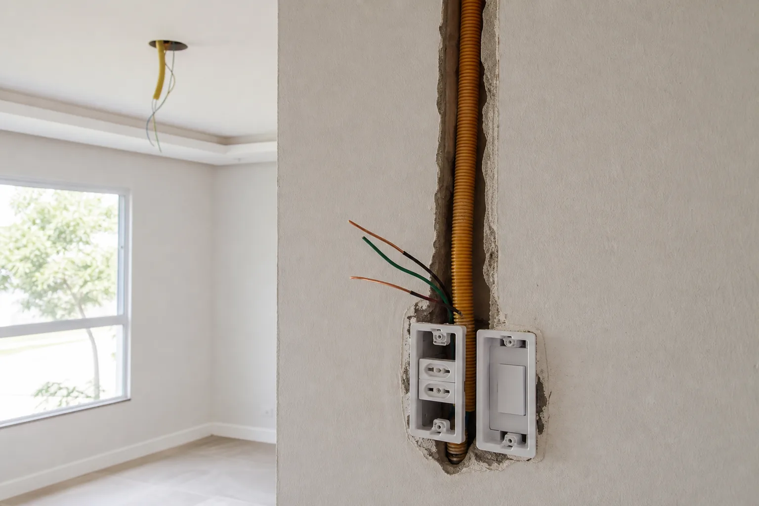 Ponto de tomada e interruptor com eletroduto e fiação durante instalação elétrica residencial