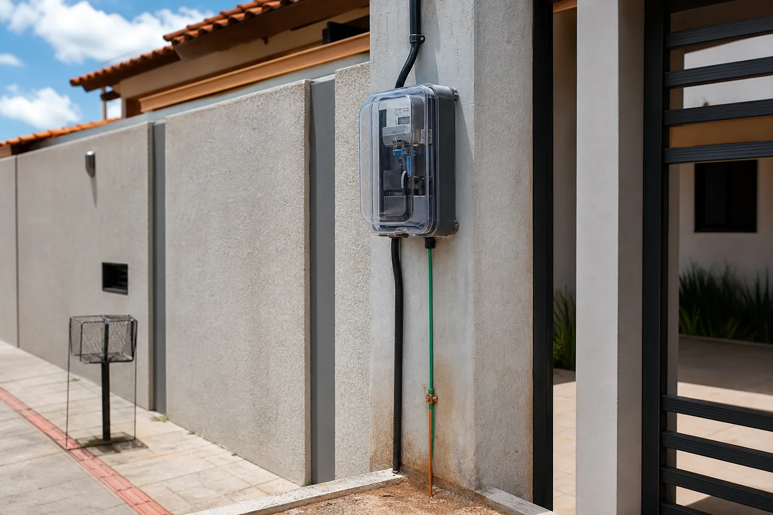 Padrão de entrada de energia com caixa de medição, ramal e aterramento em residência