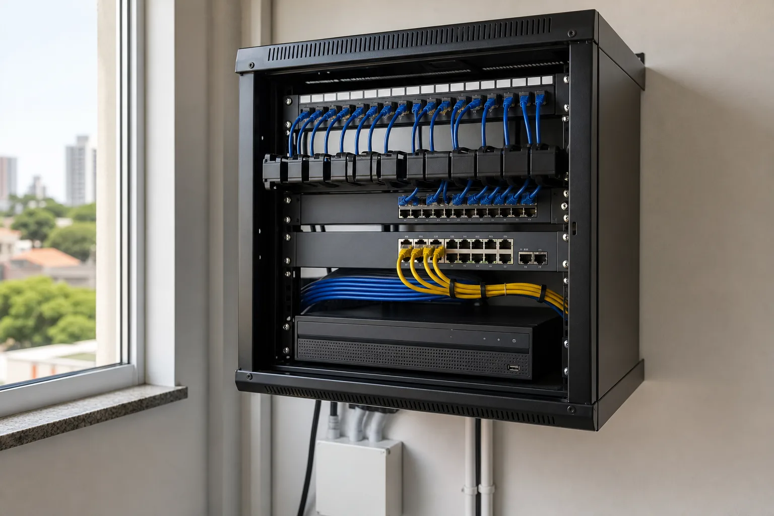 Rack de rede com switch e cabos organizados atendendo um sistema de câmeras