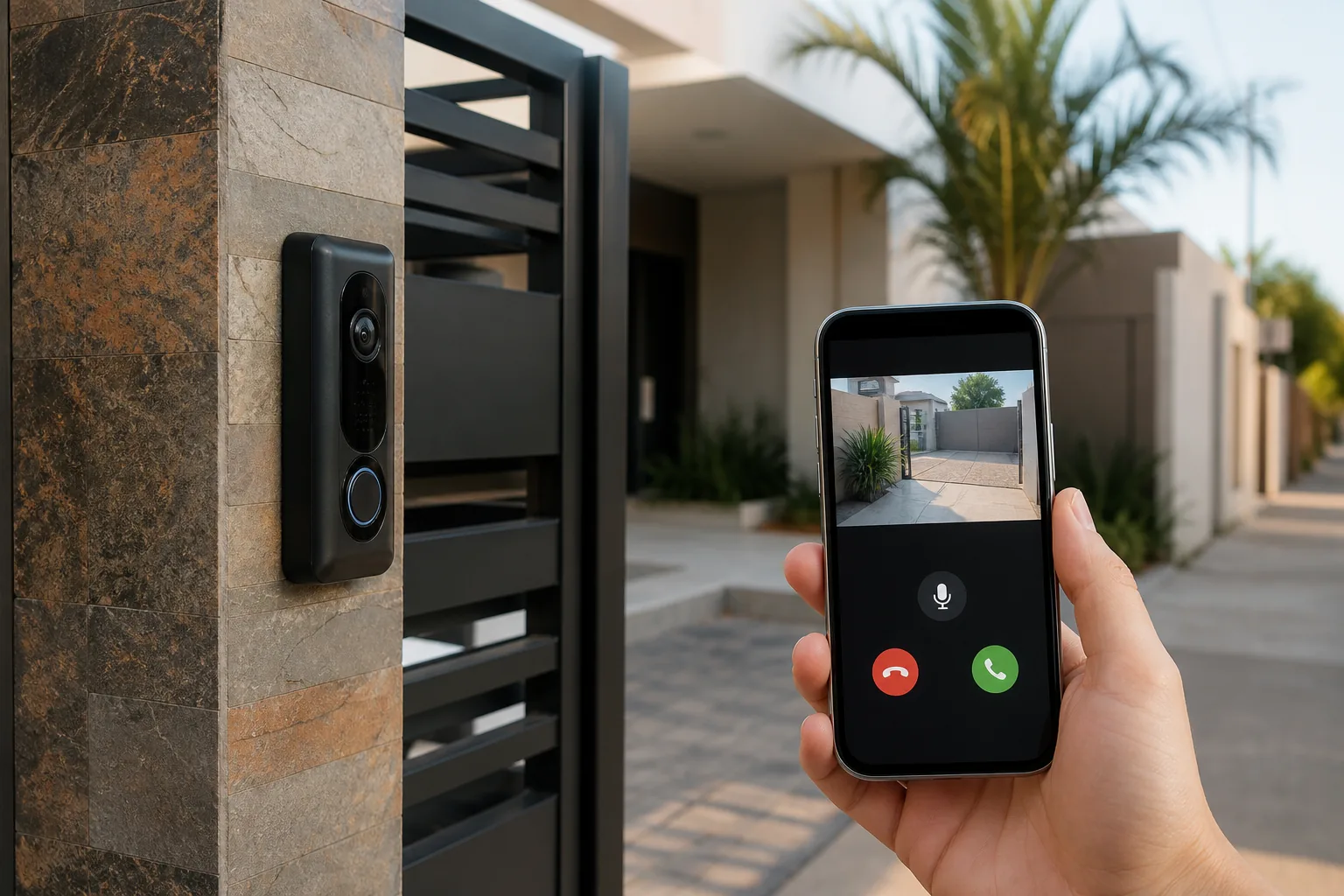 Vídeo porteiro Wi-Fi instalado junto ao portão e conectado ao celular
