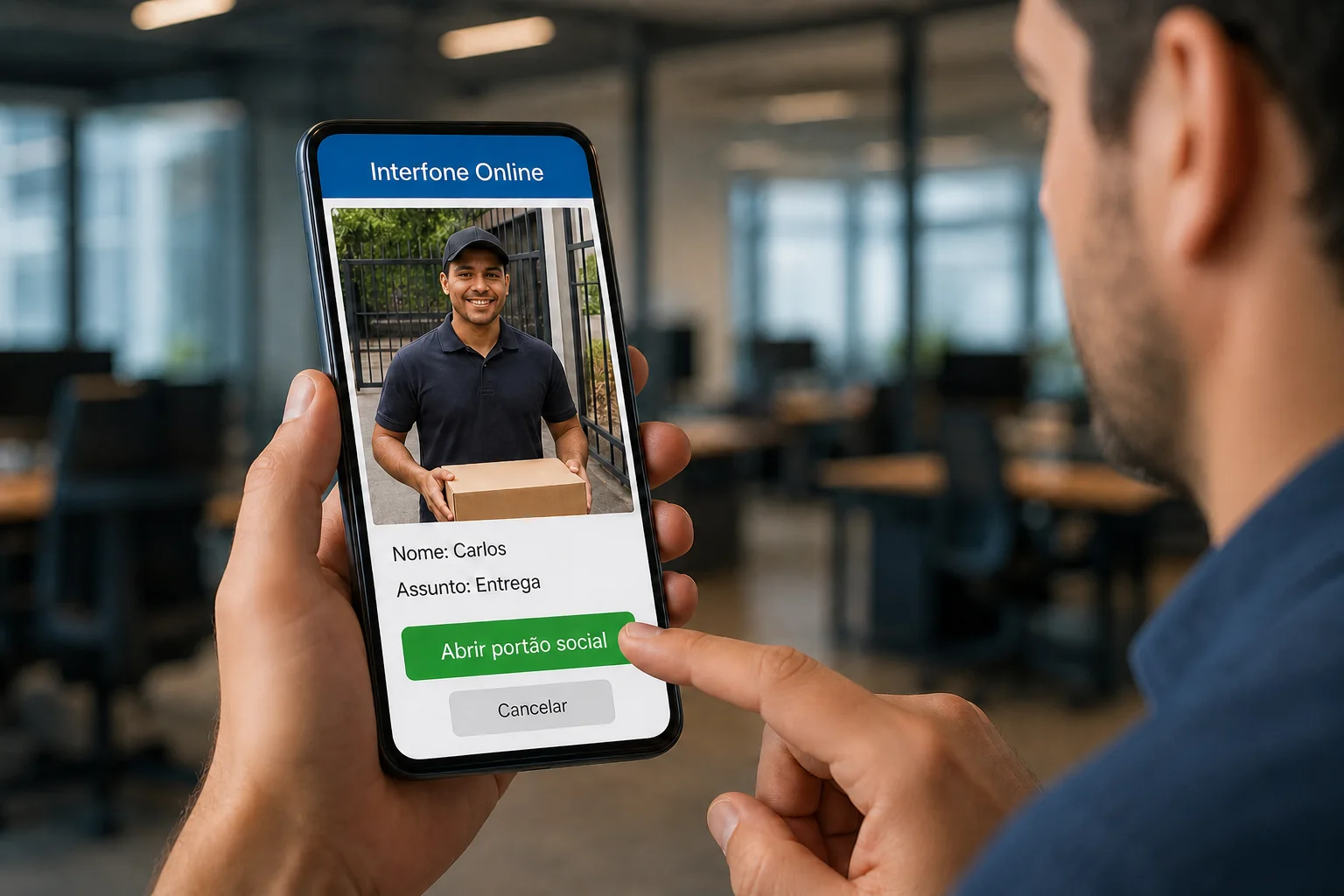Moradora usando o Interfone Online para abrir o portão social para uma entrega