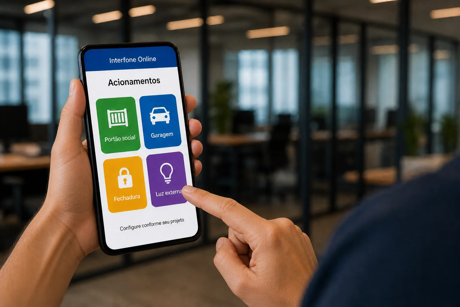 Aplicativo Interfone Online com ações para portão social, garagem, fechadura e luz externa