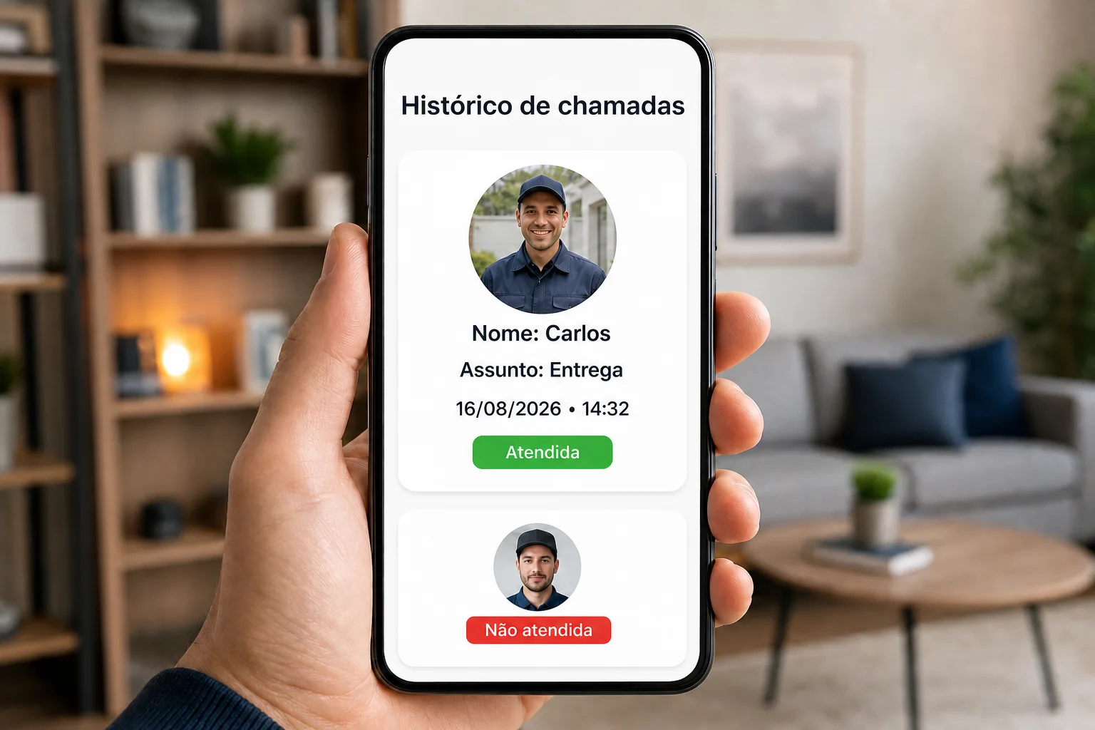 Histórico do Interfone Online com visitante, foto, data, hora e status