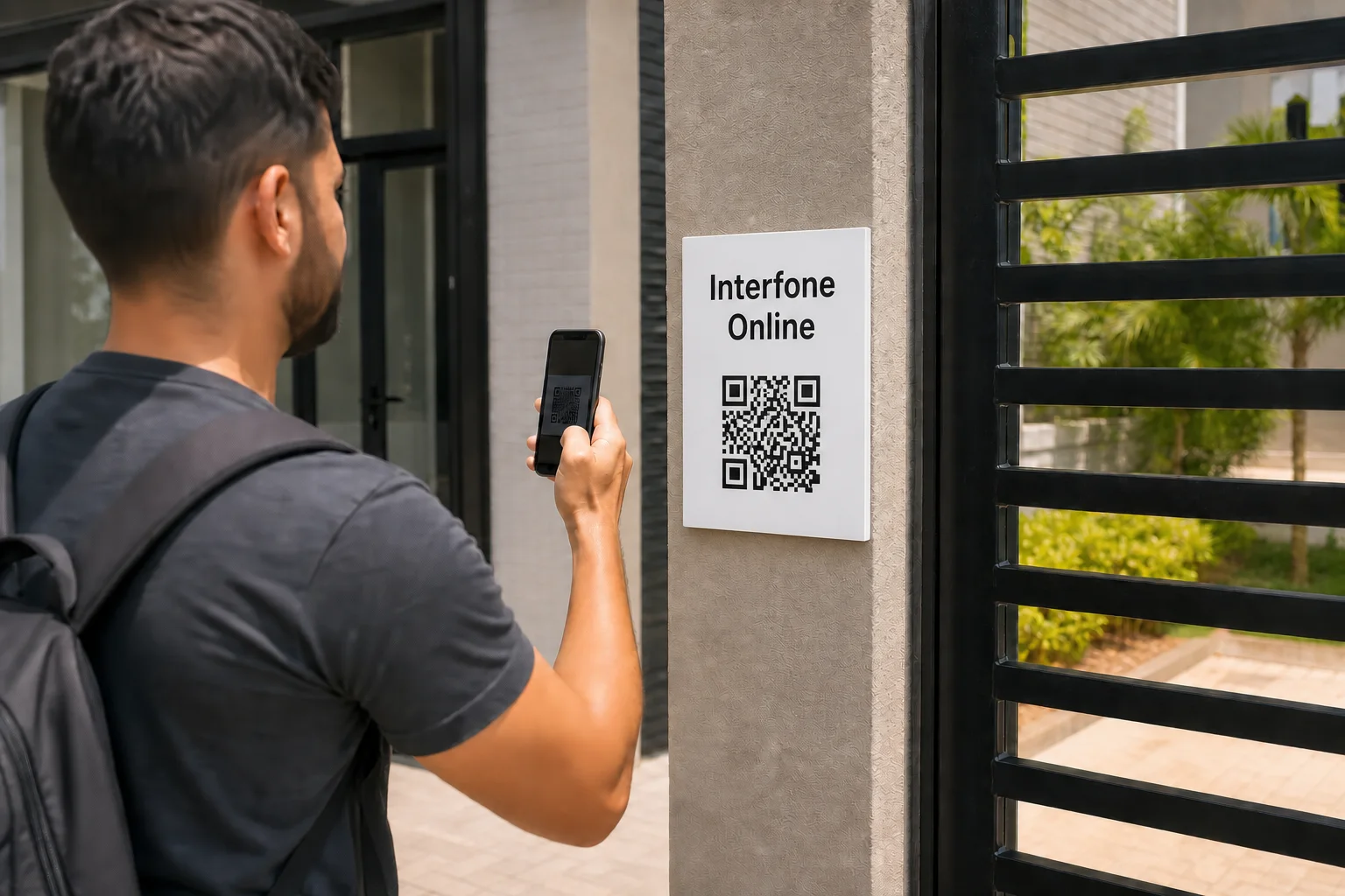 Visitante usando a placa com QR Code do Interfone Online em um portão